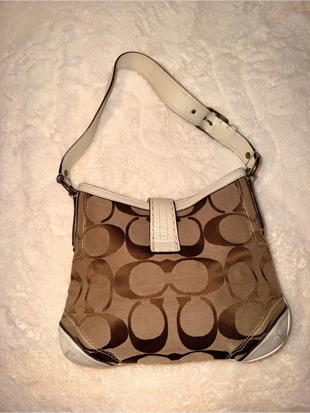 Coach Monogram Shoulder Bag in Brown and White Leather Trim